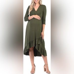 Mother Bee Maternity 3/4 Sleeve Hi-Low Ruffle Faux Wrap Dress